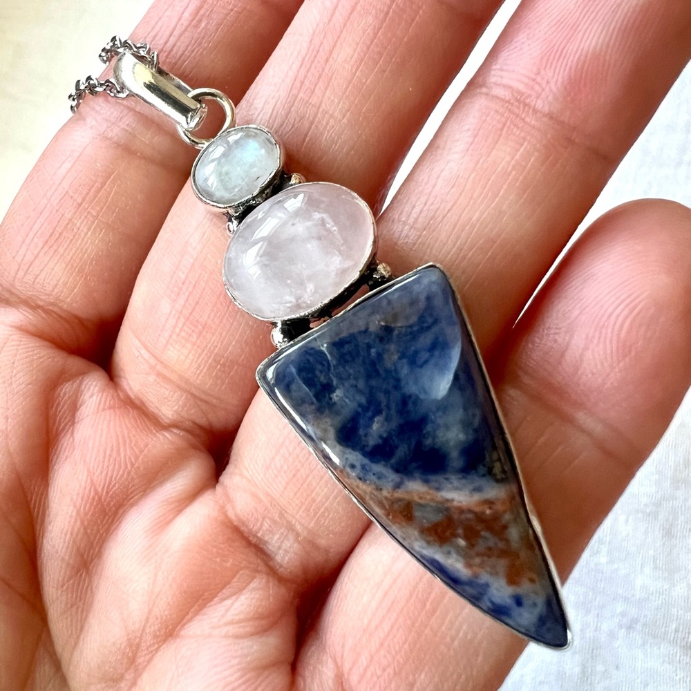 925 Spiritual Sodalite + Flash Moonstone + Rose Quartz Pendant Necklace